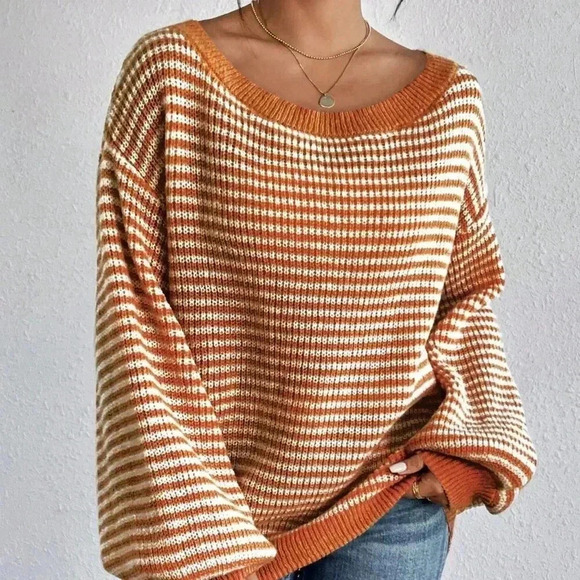 Orange Casual Women's Contrast Striped Print Off-Shoulder Long Sleeve Sweater - Picture 3 of 7